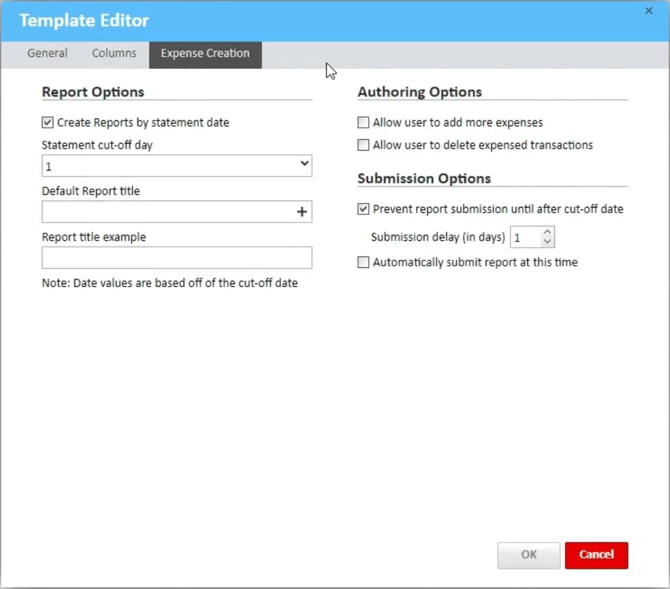 Expense Creation tab in the Template Editor