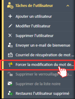 Option de menu Forcer le changement de mot de passe dans le menu de navigation Tâches utilisateur