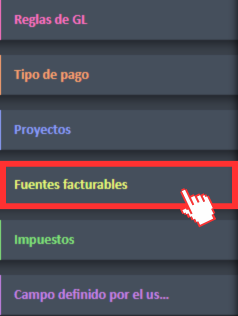 Opción de menú Fuentes facturables en el lado izquierdo