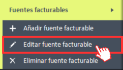 Opción de menú «Editar fuente facturable» en el menú de navegación de fuentes facturables.