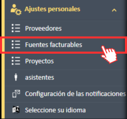  Opción de menú Fuentes facturables en el menú de navegación Configuración personal del administrador de gastos