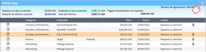 Icono de actualización en la esquina superior derecha de la sección del espacio de trabajo del Administrador de gastos
