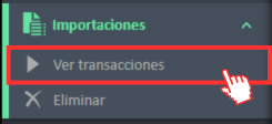 Opción de menú «Ver transacciones» en el menú de navegación de Importaciones.