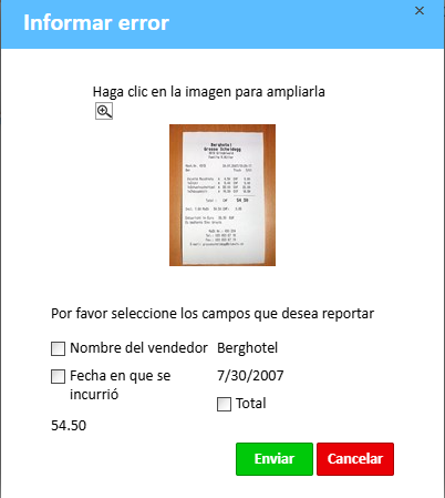 Ventana de informe de errores en el Administrador de gastos
