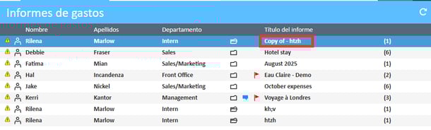 Informe en la sección Informes de gastos con la etiqueta "Copia de"
