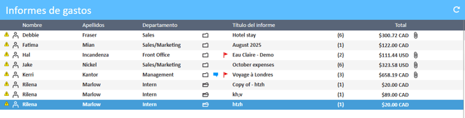 Lista de informes de gastos en el Administrador de gastos con el informe de gastos seleccionado.