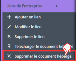 Option de menu Supprimer le document hébergé dans le menu Liens de l'entreprise