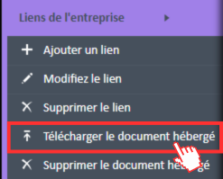 Option de menu « Téléverser un document hébergé » dans le menu de navigation des liens de l'entreprise