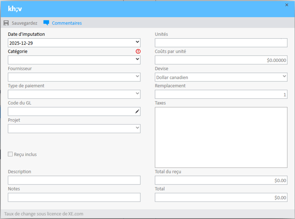 Nouvelle fenêtre de rapport de dépenses