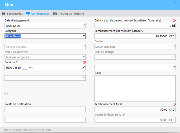 Dans l'écran « Note de frais » du Gestionnaire de dépenses, la catégorie « Kilométrage » est définie sur « Génération de frais ».
