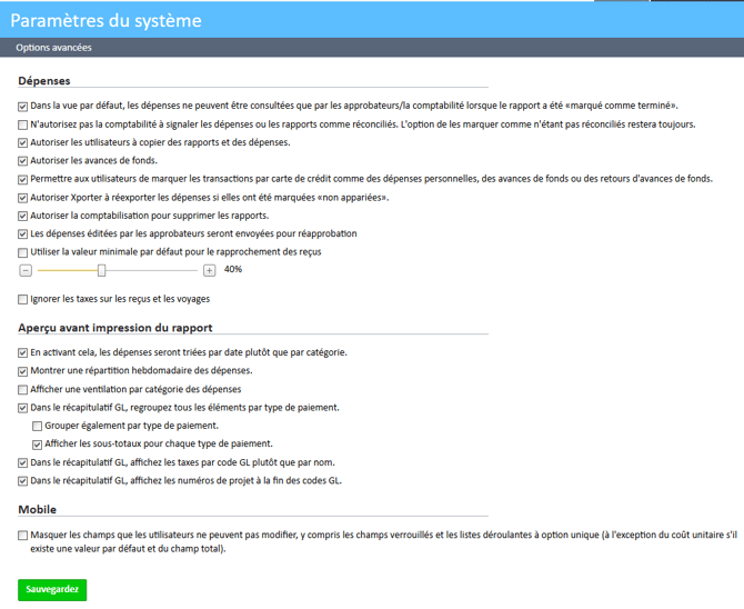 Fenêtre Paramètres avancés dans le module Gestionnaire de paramètres