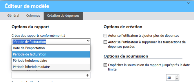 Création de rapports de dépenses selon les options