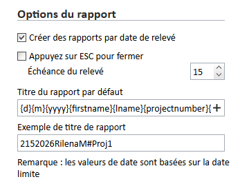 Exemple de titre de rapport dans les options de rapport