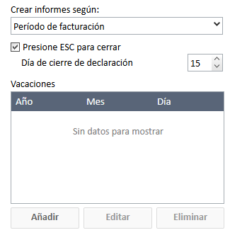Opciones de período de facturación para la creación de gastos