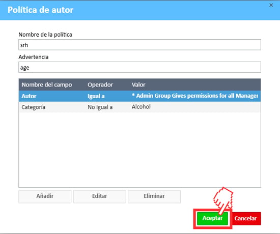 Botón Aceptar de la ventana de política del autor