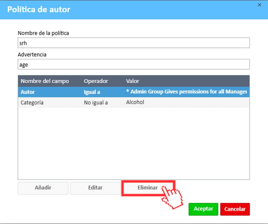 Botón «Eliminar» de la ventana de política de autores