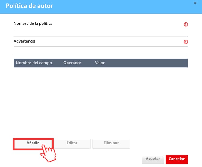 Ventana de política de autores: botón Añadir