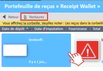 Sélectionnez le reçu, puis cliquez sur le bouton Restaurer dans le portefeuille de reçus du Gestionnaire de dépenses.