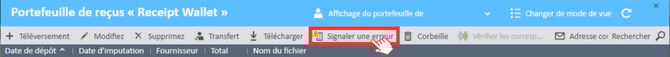 Bouton « Signaler une erreur » dans la fenêtre « Portefeuille de reçus » du Gestionnaire de dépenses