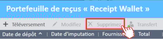 Bouton Supprimer dans l'écran Portefeuille de reçus du Gestionnaire de dépenses