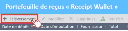 Bouton de téléversement dans le menu supérieur de l'écran Portefeuille de reçus