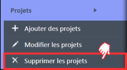 Option de menu « Supprimer les projets » dans le menu de navigation des projets