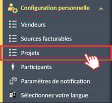 Opción de menú Proyectos en el menú de navegación Configuración personal en el administrador de gastos