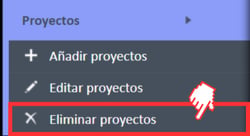 Opción de menú «Eliminar proyectos» en el menú de navegación de proyectos.