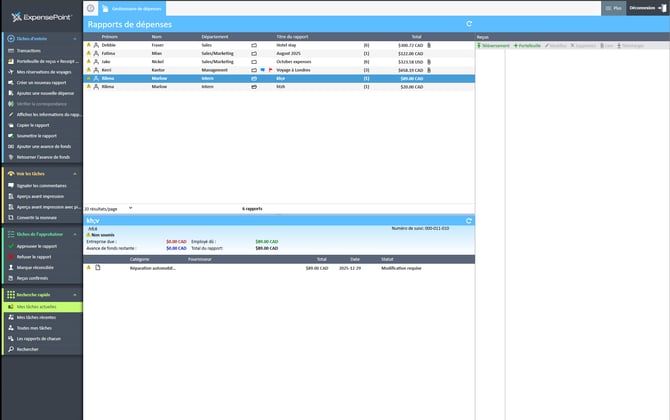 Fenêtre Gestionnaire de dépenses avec le rapport sélectionné dans la section Rapports de dépenses