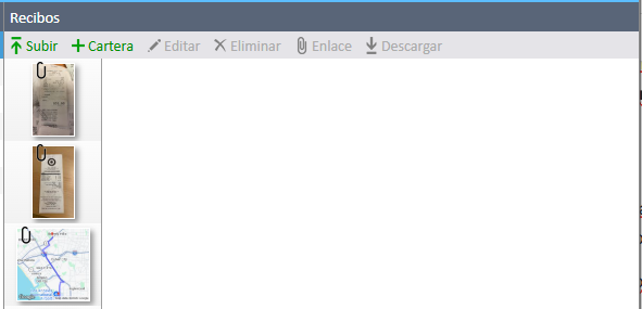 Sección de recibos del Administrador de gastos con múltiples opciones disponibles.