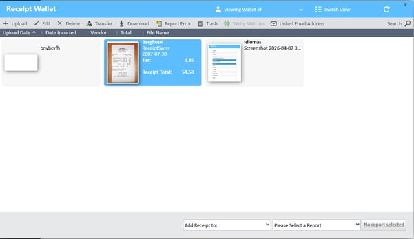 Selected receipt in the Receipt Wallet window in the Expense Manager