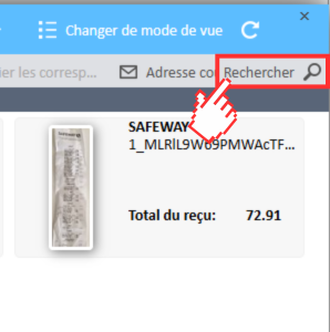 Barre de recherche dans le coin supérieur droit du portefeuille de reçus du Gestionnaire de dépenses