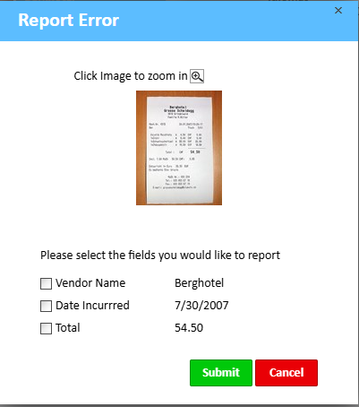 Report Error window in the Expense Manager