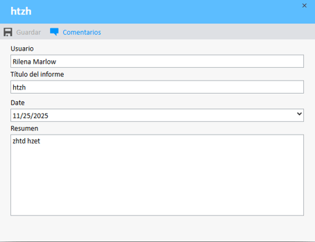 Ventana de información del informe que muestra la información más reciente ingresada sobre el informe de gastos seleccionado.