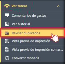 Opción de menú Revisar duplicados seleccionada en el menú de navegación Ver tareas
