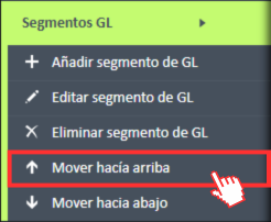 Opción de menú "Mover hacia arriba" en el menú de navegación de Segmentos GL.