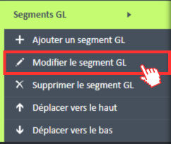 Option Modifier le segment GL dans le menu de navigation Segments GL