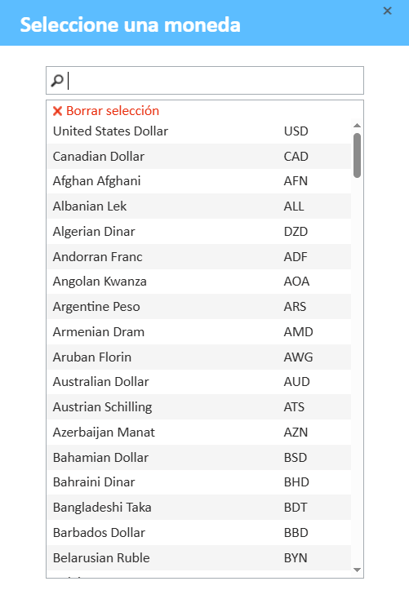 Seleccione una ventana de moneda que muestre las opciones de moneda disponibles.