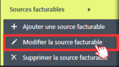 Option de menu « Modifier la source facturable » dans le menu de navigation des sources facturables.