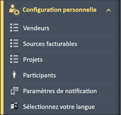 L'option « Sources facturables » se trouve dans le menu de navigation « Configuration personnelle » du gestionnaire de dépenses.