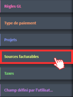 Option de menu Sources facturables sur le côté gauche