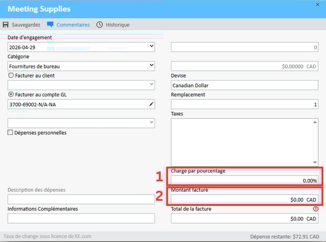 Champs « Facturation en pourcentage » et « Facturation en montant » dans la fenêtre « Fractionner les dépenses ».
