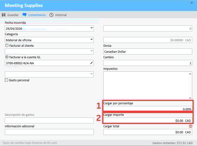 Campo Cobrar por porcentaje y campo Cobrar por importe en la ventana Dividir gastos
