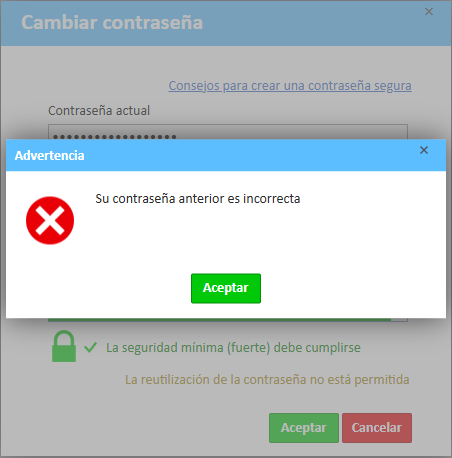  Notificación de advertencia "Su contraseña anterior es incorrecta" ExpensePoint