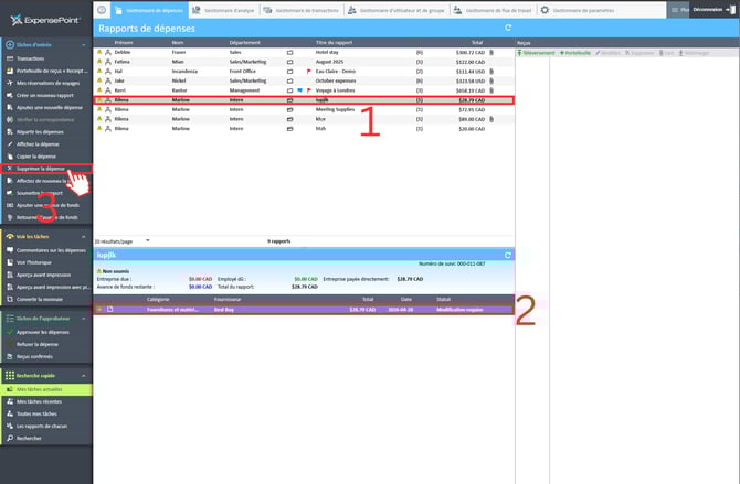 Étapes pour supprimer une dépense depuis l'écran Gestionnaire de dépenses