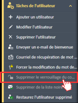 Option de menu Supprimer le verrouillage du compte dans le menu de navigation Tâches utilisateur