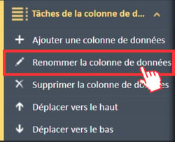 Option de menu « Renommer la colonne de données » dans le menu de navigation « Tâches de colonne de données »