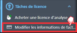 Option de menu « Modifier les informations de facturation » dans le menu de navigation « Tâches liées à la licence »