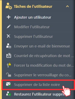 Option de menu « Retirer de la liste noire » dans le menu de navigation Tâches utilisateur.