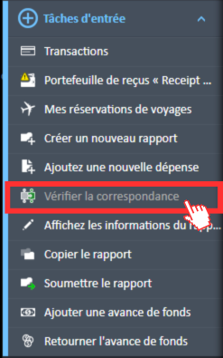 Option de menu « Vérifier la correspondance » dans le menu de navigation « Tâches de saisie »